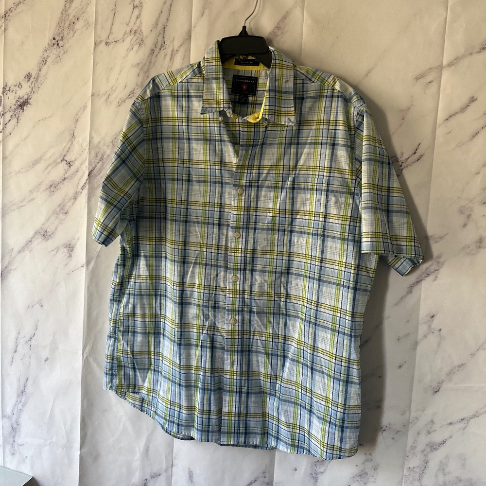 SADDLEBRED WRINKLE FREE PLAID SHORT SLEEVE BUTTON DOWN SHIRT BLUE/GREEN MEN XL